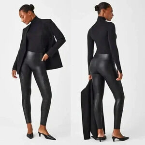 Spanx Faux Leather Moto Leggings Black Shaping Waistband Size Small